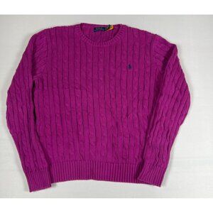 Polo Ralph Lauren Women XL Magenta Pink Cotton Cable Knit Crewneck Sweater Pony